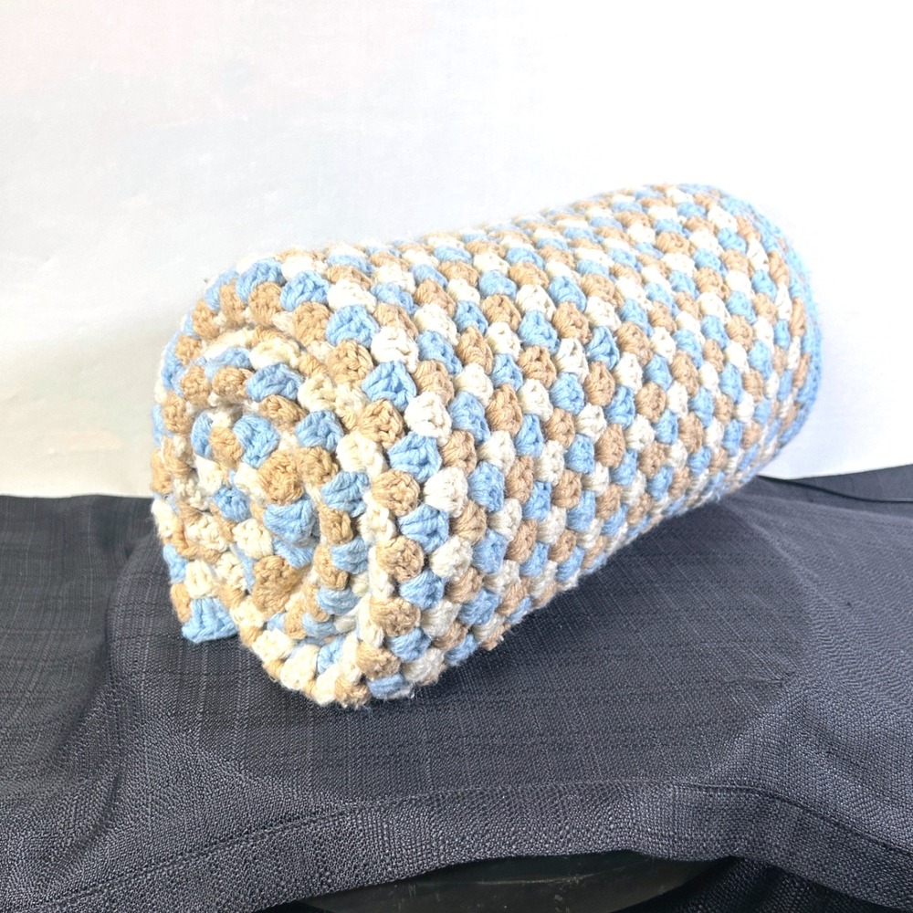 Handmade Crochet Granny Square Afghan Throw Blanket Blue Beige Brown 60x35